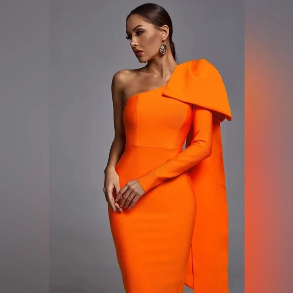 Long Bow Topped Draped Cap Sleeve Orange One Shoulder Bandage Dress - Picture 4 of 6